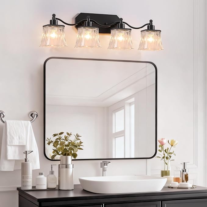4-Light Matte Black Vanity Light, Vintage Crystal Glass Shades | Rust & Humidity Resistant Iron Frame,Mounted Over Mirror, Compatible with E26 Bulbs for Bathroom, Bedroom & Hallway