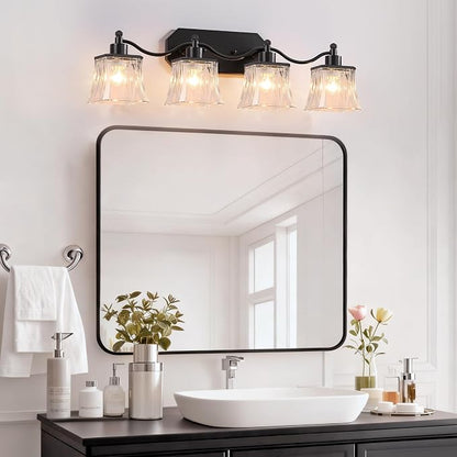 4-Light Matte Black Vanity Light, Vintage Crystal Glass Shades | Rust & Humidity Resistant Iron Frame,Mounted Over Mirror, Compatible with E26 Bulbs for Bathroom, Bedroom & Hallway