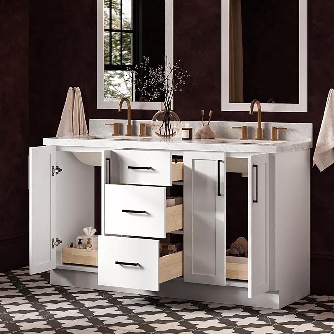 ARIEL Loren 60-inch Bathroom Vanity with Sink,Solid Wood, 1.5-inch Italian Carrara Marble Countertop, Double Rectangular Porcelain Sink, 4 Soft Closing Doors, 3 Dovetail Drawers, White