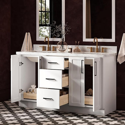 ARIEL Loren 60-inch Bathroom Vanity with Sink,Solid Wood, 1.5-inch Italian Carrara Marble Countertop, Double Rectangular Porcelain Sink, 4 Soft Closing Doors, 3 Dovetail Drawers, White