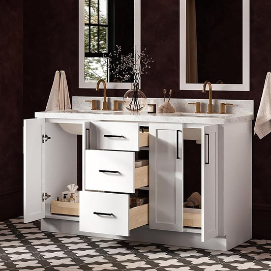 ARIEL Loren 60-inch Bathroom Vanity with Sink,Solid Wood, 1.5-inch Italian Carrara Marble Countertop, Double Rectangular Porcelain Sink, 4 Soft Closing Doors, 3 Dovetail Drawers, White