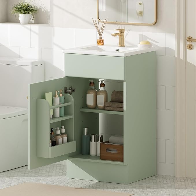 Christopher Knight Home Doreen 18" Bathroom Vanity with Ceramic Sink, Bathroom Vanity Cabinet with Adjustable Shelf, Wooden Bathroom Storage Cabinet, Pedestal Sink with Storage, Mint Green