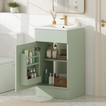 Christopher Knight Home Doreen 18" Bathroom Vanity with Ceramic Sink, Bathroom Vanity Cabinet with Adjustable Shelf, Wooden Bathroom Storage Cabinet, Pedestal Sink with Storage, Mint Green