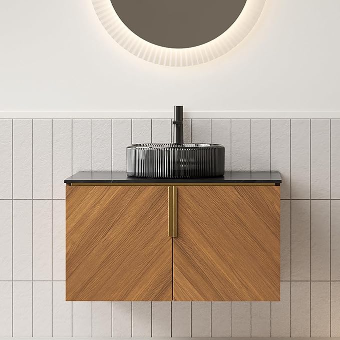 LKTART 30 Inch Bathroom Vanity with Sink, Modern Wall Mounted Bathroom Sink with 2 Doors, Black Sintered Stone Countertop and Black Round Glass Basin, Brown