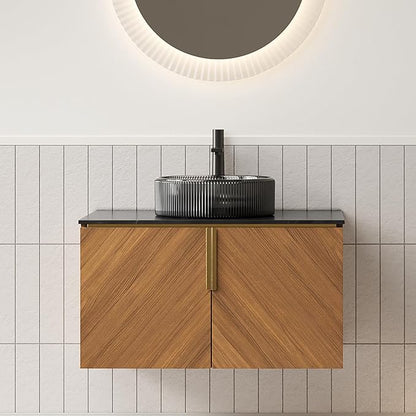LKTART 30 Inch Bathroom Vanity with Sink, Modern Wall Mounted Bathroom Sink with 2 Doors, Black Sintered Stone Countertop and Black Round Glass Basin, Brown