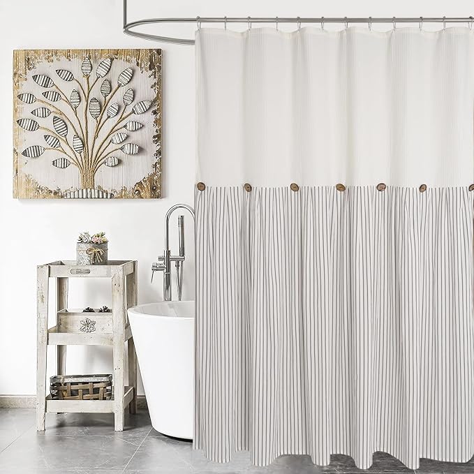 DOSLY IDÉES Farmhouse Shower Curtain, Beige and Gray Striped, Button Curtain, Spa Waffle and Cotton Woven Fabric, Rustic Charm Country Chic Style for Bathroom, 72x96 in