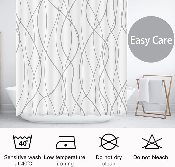 Striped Shower Curtain for Bathroom, Grey White, 72" W x 72" L | with Hooks, Modern Hotel Style, Water Repellent, Washable, Weighted Hem