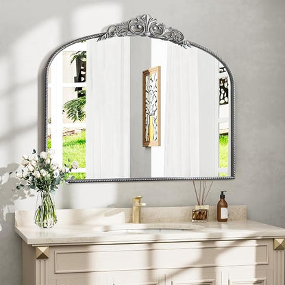 Micasso Vintage Silver Wall Mirror: 40"x29" Baroque Antique Arched Mirror | Traditional Ornate French Decorative Mirror for Bedroom/Bathroom/Fireplace/Entryway/Hallway/Dresser/Vanity/Mantel/Nightstand