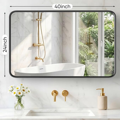 Sweetcrispy Bathroom Mirror 40x24 Inch, Vanity Mirror for Wall | Metal Framed Rounded Rectangle, Over Sink, Farmhouse, Restroom, Anti-Rust, Horizontal or Vertical Hanging, Black