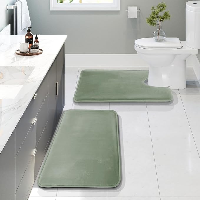 Clara Clark 2 Piece Bathroom Rugs, Velvet Memory Foam Bath Mat Set, Non-Slip Bath Rugs, Machine Wash, Dries Quickly, Ultra Soft Plush Bath Mats for Bathroom, 17 x 24 + Contour, Ice Green