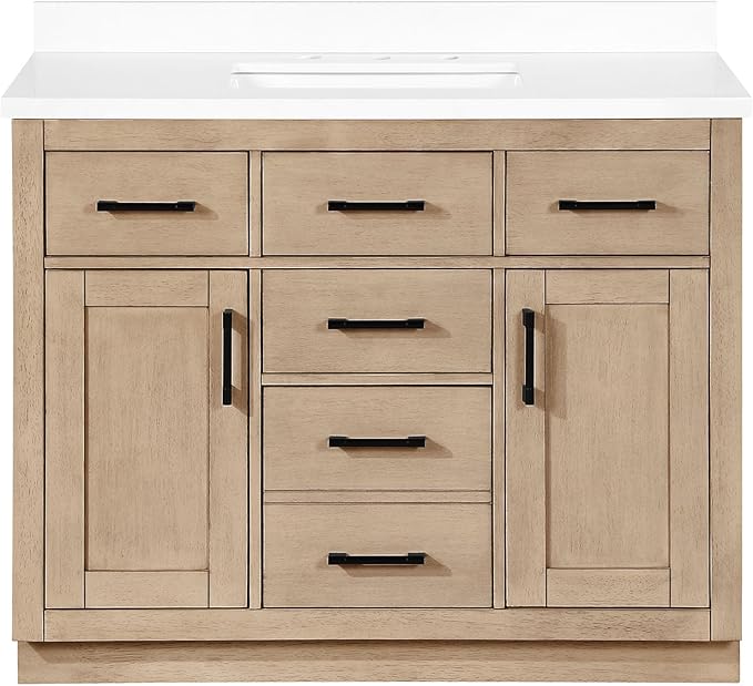 OVE Decors Bailey 42 in. Single Sink Freestanding Sahara Birch Bathroom Vanity with White Quartz Top, Matching Backsplash and Power Bar