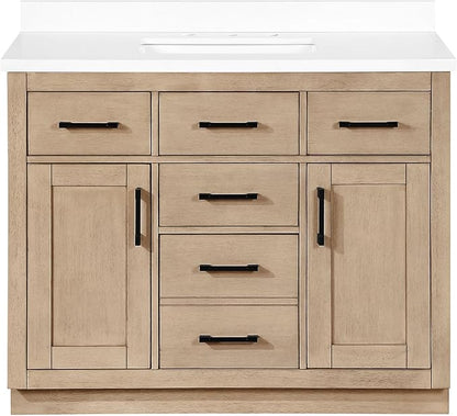 OVE Decors Bailey 42 in. Single Sink Freestanding Sahara Birch Bathroom Vanity with White Quartz Top, Matching Backsplash and Power Bar