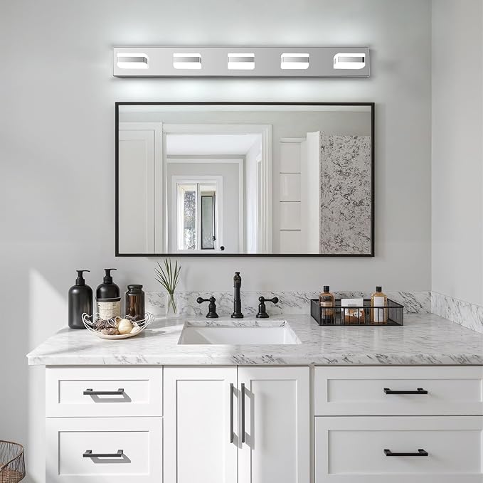 Bathroom Lighting Fixtures Over Mirror, 5 Light Silver Vanity Light | Cool White, 5000K, Modern Vanity Wall Lights for Bath, Dressing Room, Restroom, 37.4 inch