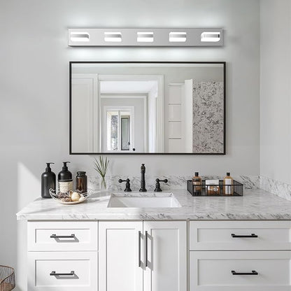 Bathroom Lighting Fixtures Over Mirror, 5 Light Silver Vanity Light | Cool White, 5000K, Modern Vanity Wall Lights for Bath, Dressing Room, Restroom, 37.4 inch