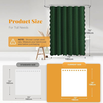 BTTN 72x78 Boho Scalloped Linen Textured Cloth Shower Curtain Set, Emerald | Long Size, 230GSM Waterproof Polyester, Heavy Duty Fabric, 12 Plastic Hooks, Elegant Modern Farmhouse Style, Machine Washable
