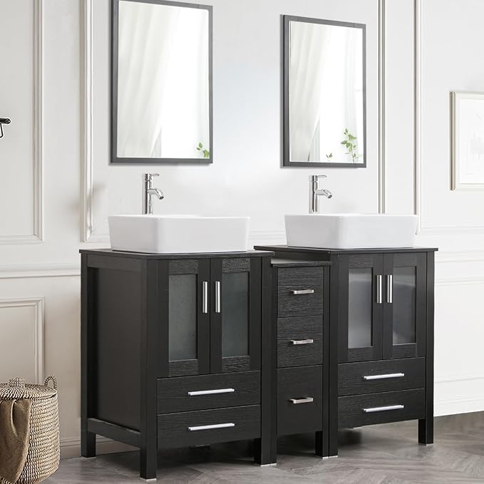 60" Double Vanity (2 * 24" Vanity,2* Porcelain Vessel Basin Sink,1 * 12" Side Cabinets),Double Bathroom Vanity Top with Porcelain White Sink, Faucet Drain Parts Include,Mirror Not Included