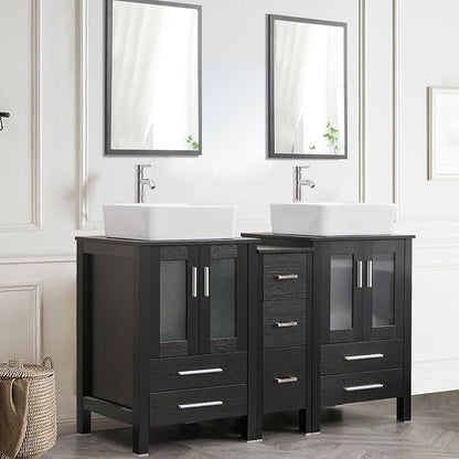 60" Double Vanity (2 * 24" Vanity,2* Porcelain Vessel Basin Sink,1 * 12" Side Cabinets),Double Bathroom Vanity Top with Porcelain White Sink, Faucet Drain Parts Include,Mirror Not Included