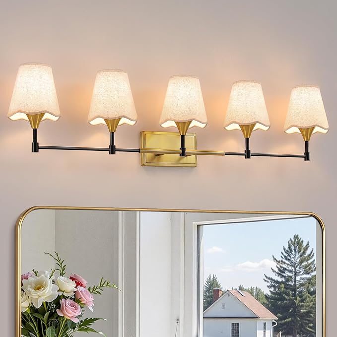 Black Gold Bathroom Vanity Light: 5 Light Vanity Lighting Fixtures with Flared Fabric Shade, Farmhouse Bathroom Lighting Fixtures over Mirror, Wall Sconce Lights for Bedroom Hallway Living Room