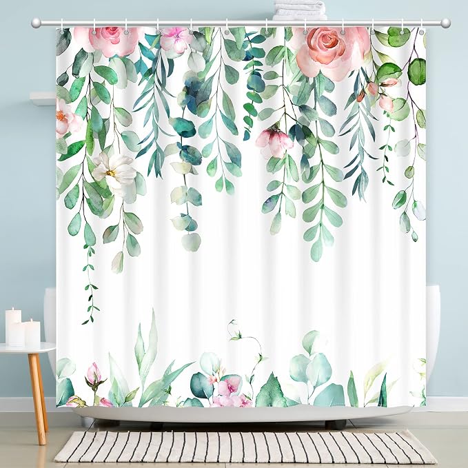 Watercolor Eucalyptus Shower Curtain, Spring Shower Curtain Green Leaves with Blooming Floral, Polyester Fabric Waterproof Shower Curtain Sets Machine Washable Decor Home Farmhouse Bath Curtain