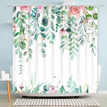 Watercolor Eucalyptus Shower Curtain, Spring Shower Curtain Green Leaves with Blooming Floral, Polyester Fabric Waterproof Shower Curtain Sets Machine Washable Decor Home Farmhouse Bath Curtain
