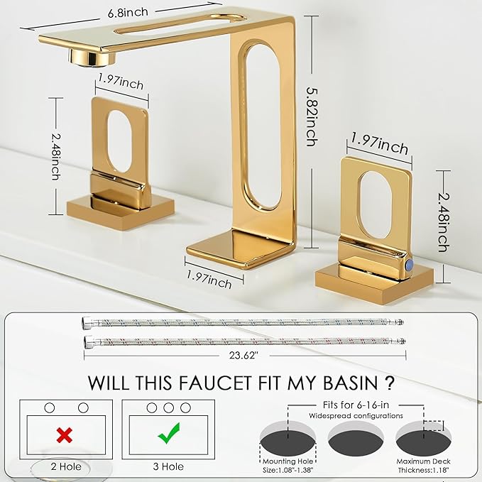 BAKALA Gold Bathroom Sink Faucet 3 Hole, 8-Inch Widespread Bathroom Faucet with 2 Water Supply Hoses, Hollowed Design