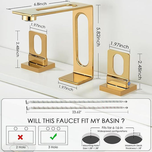 BAKALA Gold Bathroom Sink Faucet 3 Hole, 8-Inch Widespread Bathroom Faucet with 2 Water Supply Hoses, Hollowed Design