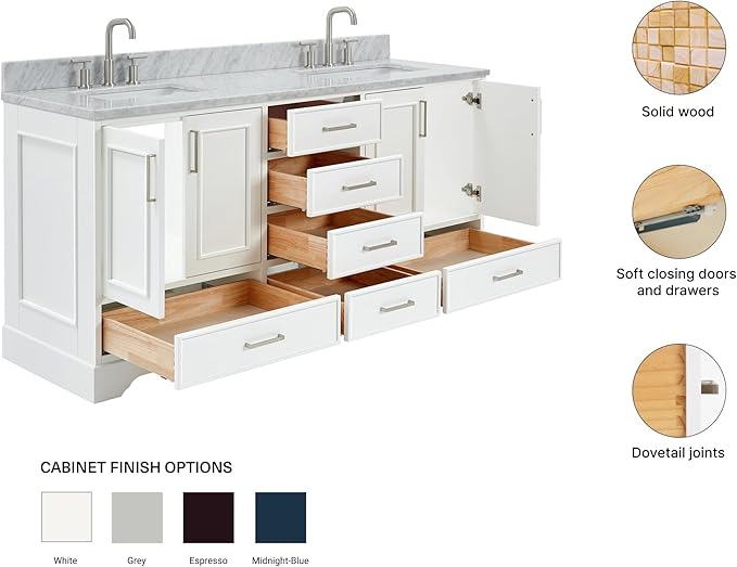 ARIEL Stafford 72-inch Bathroom Vanity with Sink,Solid Wood, 0.75-inch Italian Carrara Marble Countertop, Double Rectangular Porcelain Sink, 4 Soft Closing Doors, 6 Dovetail Drawers, White