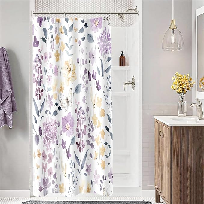 Small Stall Shower Curtain 36 x 72 Inch, Half Narrow Floral Shower Curtain for Bathroom, Watercolor Flower Butterfly Fabric Shower Curtain Set with Hooks, Lavender Purple