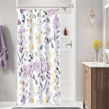 Small Stall Shower Curtain 36 x 72 Inch, Half Narrow Floral Shower Curtain for Bathroom, Watercolor Flower Butterfly Fabric Shower Curtain Set with Hooks, Lavender Purple