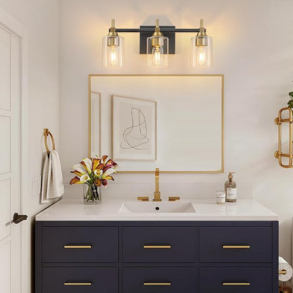 3-Light Modern Bathroom Vanity Light,Black and Gold Light Fixtures for Bathroom,Modern Wall Light Over Mirror with Glass E26 Socket (Bulbs Not Included)
