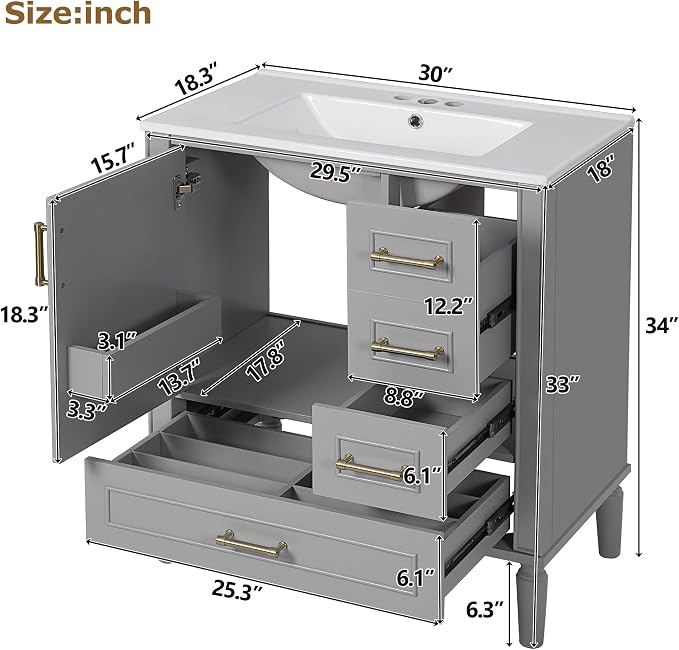 30" Bathroom Vanity with Sink,Free Standing Single Basin Vanity Set w/ 3 Drawers & Soft Closing Door,Solid Wood Frame,Metal Handles,Modern Storage Cabinet for Small Space,Grey