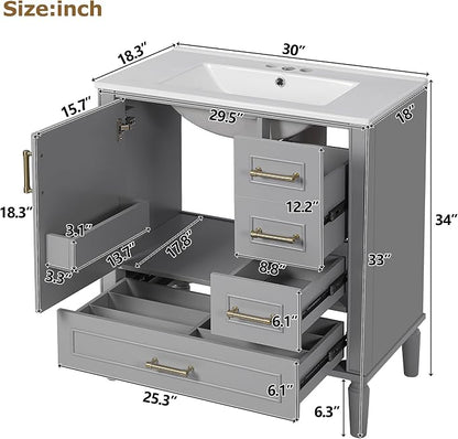 30" Bathroom Vanity with Sink,Free Standing Single Basin Vanity Set w/ 3 Drawers & Soft Closing Door,Solid Wood Frame,Metal Handles,Modern Storage Cabinet for Small Space,Grey