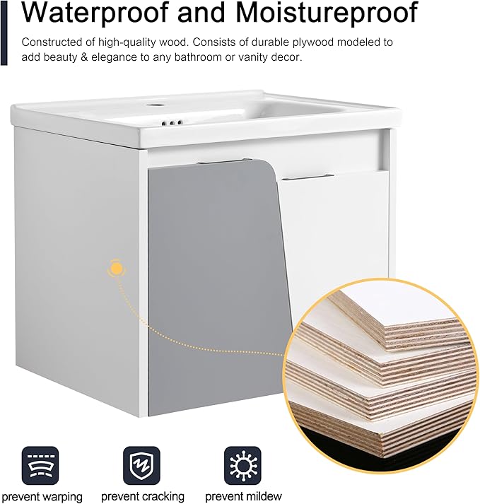 Malwee 24 Inch Floating Bathroom Vanity with Sink, 24'' Single Sink Wall Mounted Bathroom Vanity, with 2 Doors and White Ceramic Basin Top, Wall Hung Storage Cabinet Set (077-24)