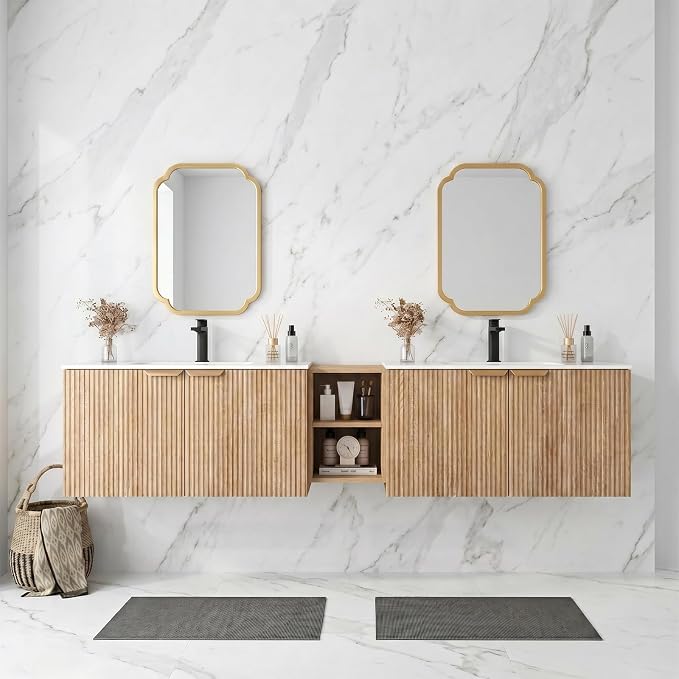 84 Inch Floating Bathroom Vanity with Double Sink, Bathroom Double Sink Cabinet with Soft Close Door Waterproof Storage, Wood Color