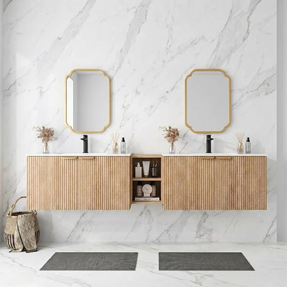 84 Inch Floating Bathroom Vanity with Double Sink, Bathroom Double Sink Cabinet with Soft Close Door Waterproof Storage, Wood Color
