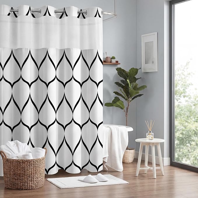 Gelbchu Black White No Hook Shower Curtain with Snap-in Liner, 71 x 74 Inch | Built-In Hooks, Mesh Top Window, Water-Repellent, Machine Washable, Quick Drying, Premium Polyester, Hotel Style, Modern
