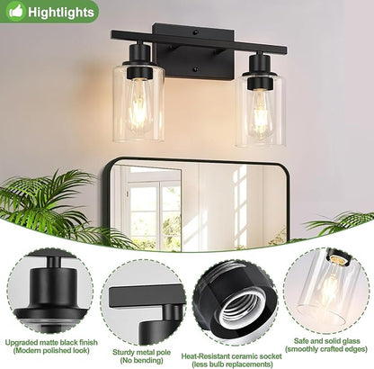 Matte Black 2-Light Bathroom Vanity Light with Clear Glass Shades — Modern Bathroom Light Fixtures & Vanity Lights for Mirror