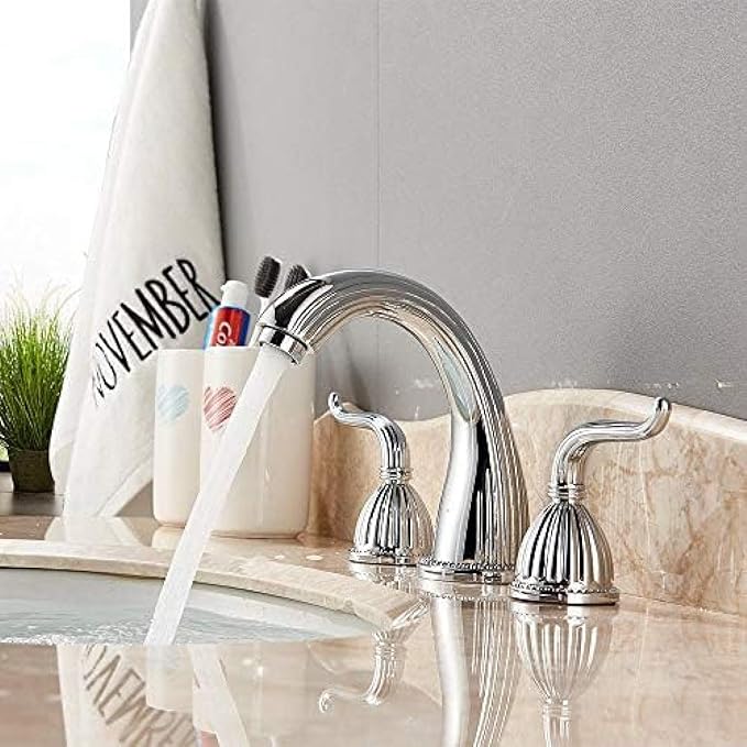 Basin Faucet Deck Mounted Bathroom Mixer Crane Dual Handle 3 Hole Cold and Hot Washing Tap-Antique Brass,Gold(Chrome)