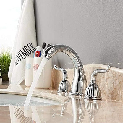 Basin Faucet Deck Mounted Bathroom Mixer Crane Dual Handle 3 Hole Cold and Hot Washing Tap-Antique Brass,Gold(Chrome)