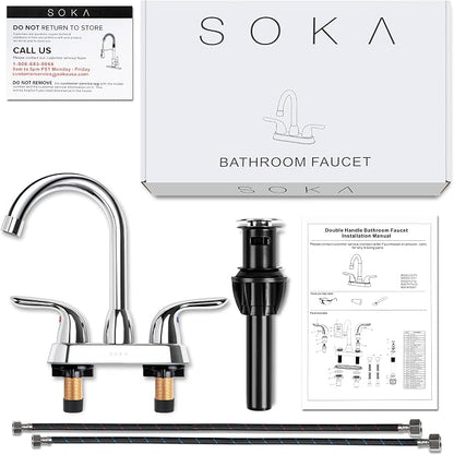 SOKA Two Handles Centerset Bathroom Faucet for Sink High Arc Stainless Steel with Deck Plate & Pop-Up Drain Assembly Fit 3 Hole Installation, Chrome (SK18001C)