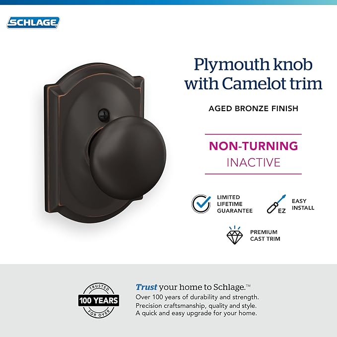 Schlage F170 PLY 716 CAM Camelot Collection Plymouth Decorative Trim Knob, Aged Bronze