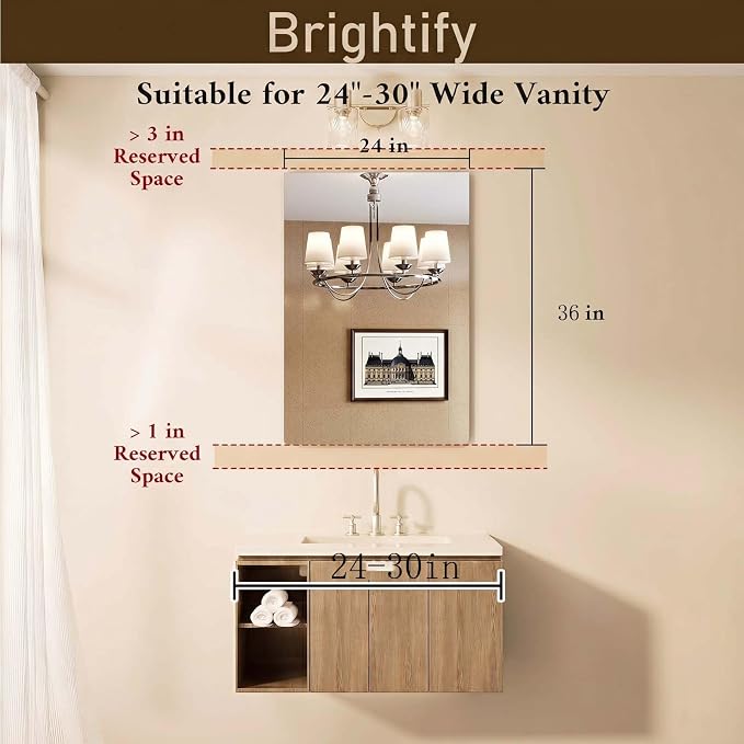 Brightify Frameless Mirror, 24x36 Inch Bathroom Mirrors for Over Sink, Tempered Glass for Gym, Yoga, Living Room, Dining Room, Bedroom, Entryway