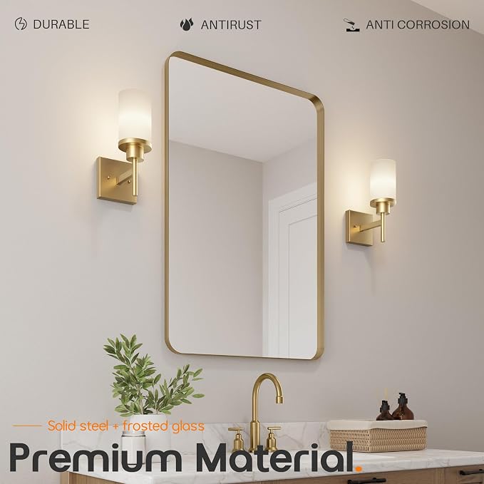 Vanity Lighting Fixtures with White Frosted Glass Shade, Modern Gold Wall Lamps for Bathroom Mirror Bedroom Living Room Porch, 2 Pack T001GD-L1-P2