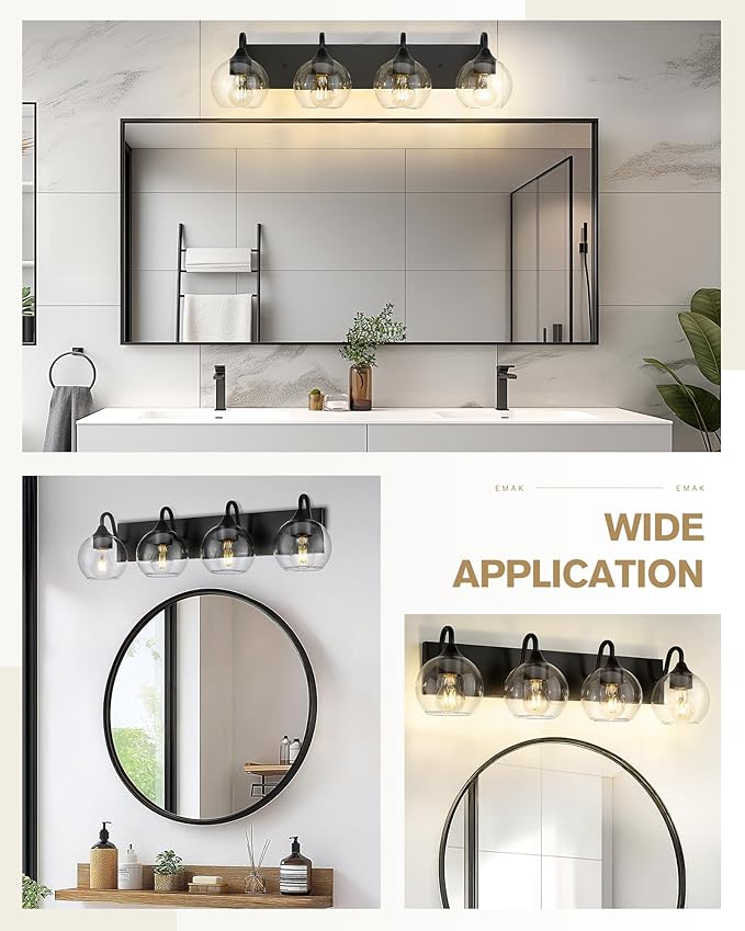 Emak Modern 29 Inch Black Vanity Lights, 4-Light Bathroom Vanity Light with Clear Glass Shade, Farmhouse Globe Bathroom Light Fixtures Over Mirror, VL118-BK-CG-4