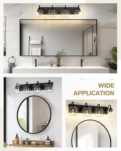 Emak Modern 29 Inch Black Vanity Lights, 4-Light Bathroom Vanity Light with Clear Glass Shade, Farmhouse Globe Bathroom Light Fixtures Over Mirror, VL118-BK-CG-4