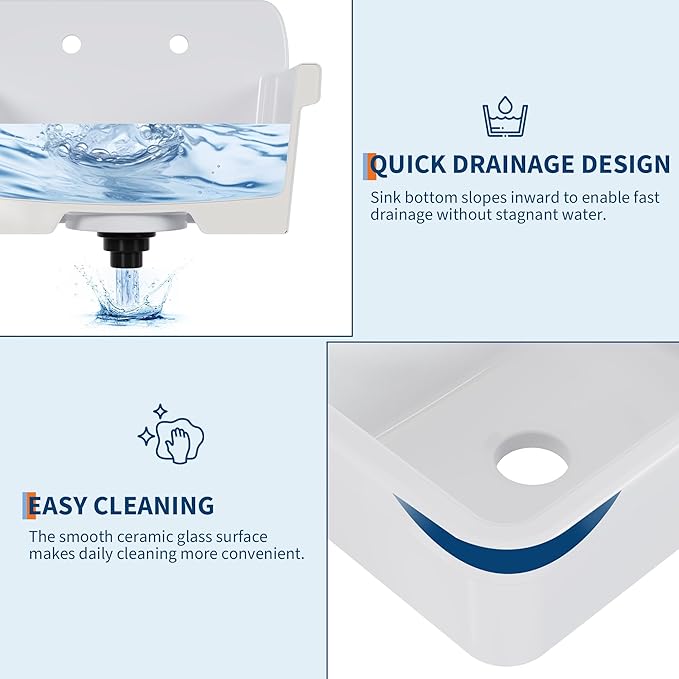 Garvee Utility Sink 24 x 20 Inch, Ceramic Laundry Sink with High Backsplash, Wall Mount, Farmhouse Design, Perfect for Garage, Washing Room, Kitchen, Bathroom