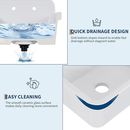 Garvee Utility Sink 24 x 20 Inch, Ceramic Laundry Sink with High Backsplash, Wall Mount, Farmhouse Design, Perfect for Garage, Washing Room, Kitchen, Bathroom