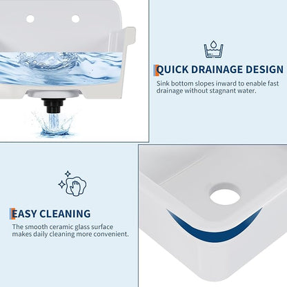 Garvee Utility Sink 30 x 20 Inch, Ceramic Laundry Sink with High Backsplash, Wall Mount, Farmhouse Design, Perfect for Garage, Washing Room, Kitchen, Bathroom