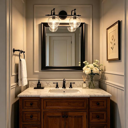 2 Light Bathroom Vanity Light, Matte Black Bathroom Light Fixtures, Modern Wall Sconce with Clear Globe Glass Shade, Farmhouse Wall Lamp for Bathroom, Living Room, Hallway, Cabinet, Porch