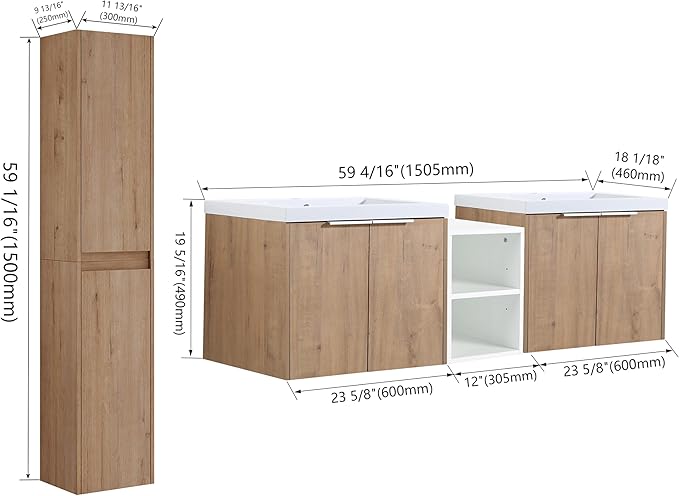 SSLine 60-Inch Double Sink Vanity Modern Wall Mounted Bathroom Vanity with Double Sink 60" Large Floating Bathroom Vanities Set with White Open Storage Shelf & 2 Side Cabinets,Brown White